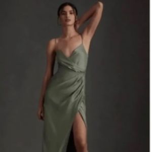 BHLDN Anthropologie Freya Satin Dress Sz 0 Petite Moss -Front Gown Slit